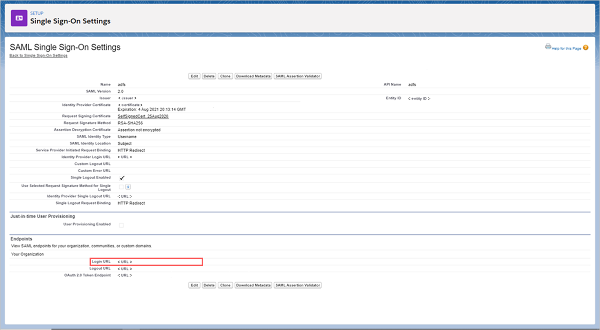 Sélectionnez l’URL de connexion de l’authentification unique Salesforce.