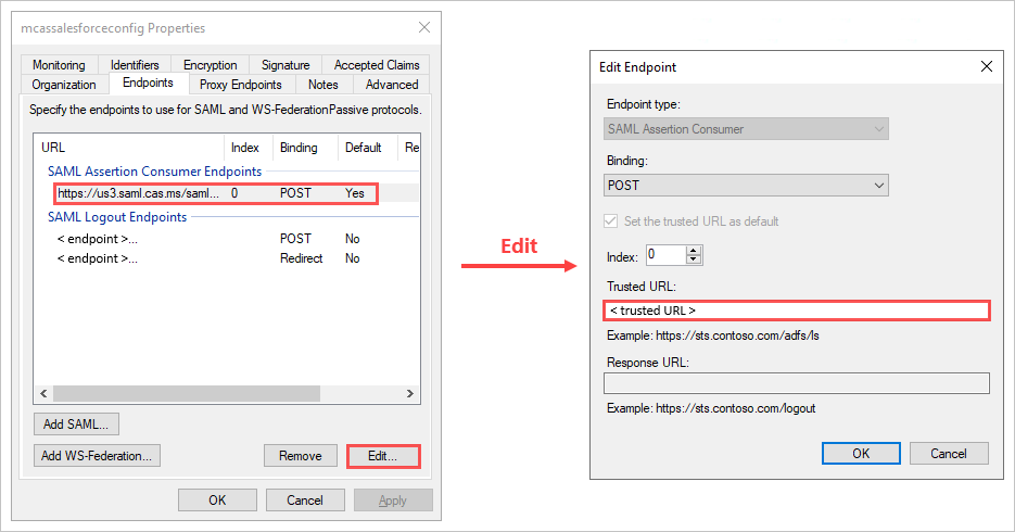 Mettez à jour les propriétés du point de terminaison d’approbation de confiance URL de confiance.