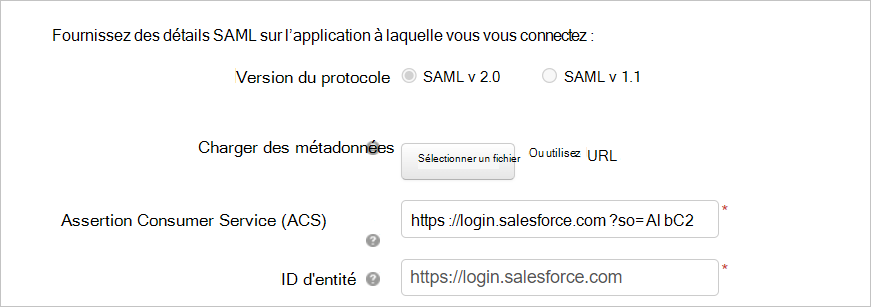 Configurez l’application personnalisée avec les détails SAML Salesforce.