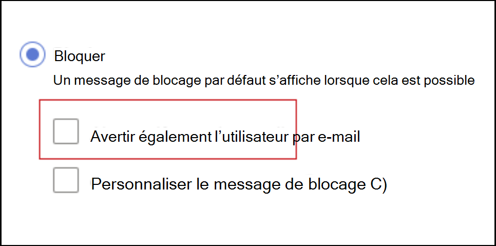 Capture d’écran montrant comment bloquer la notification de l’utilisateur final par e-mail.