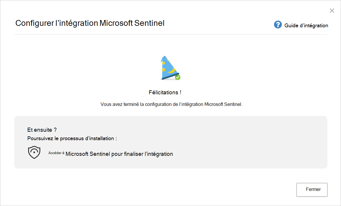 Capture d’écran montrant la page de fin de Configurer l’intégration Microsoft Sentinel.