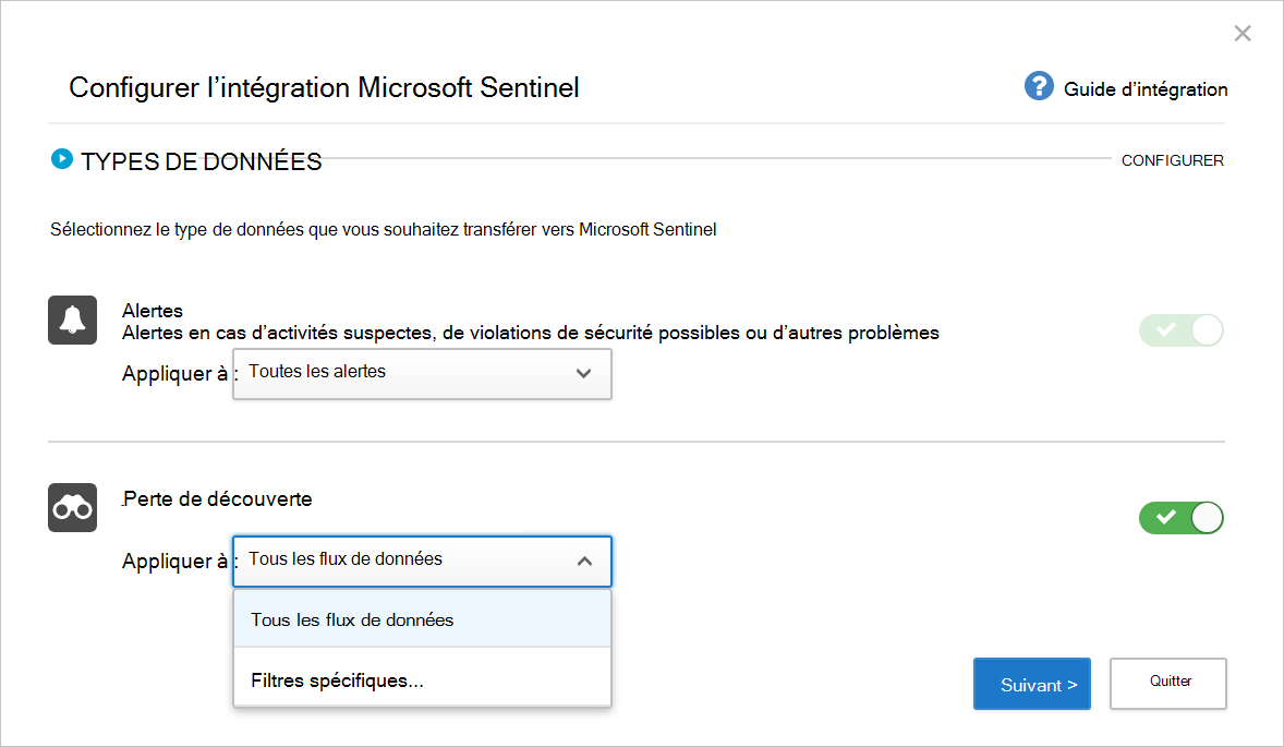 Capture d’écran montrant la page de démarrage de Configurer l’intégration Microsoft Sentinel.