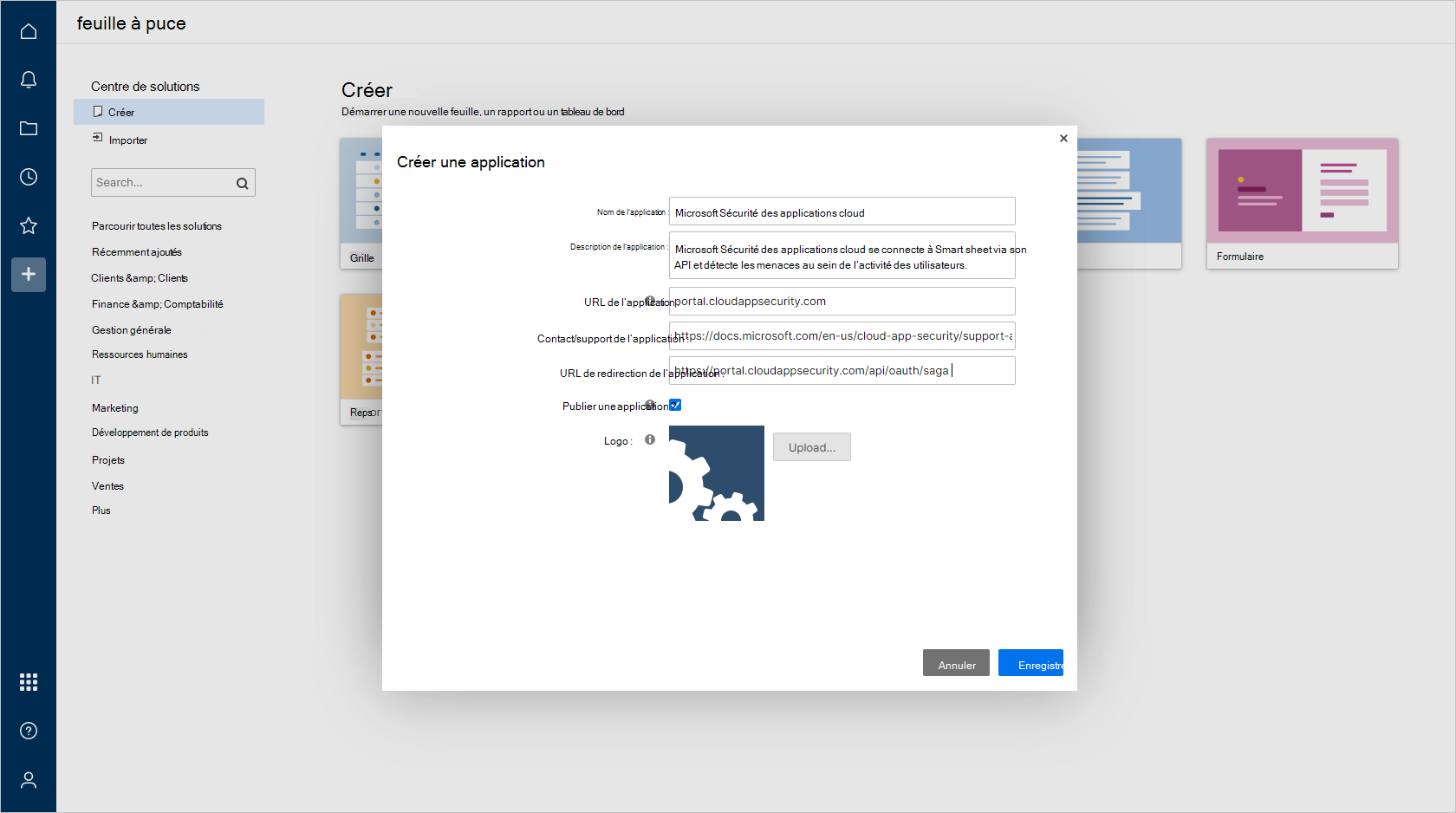 Capture d’écran montrant la boîte de dialogue Créer une application.