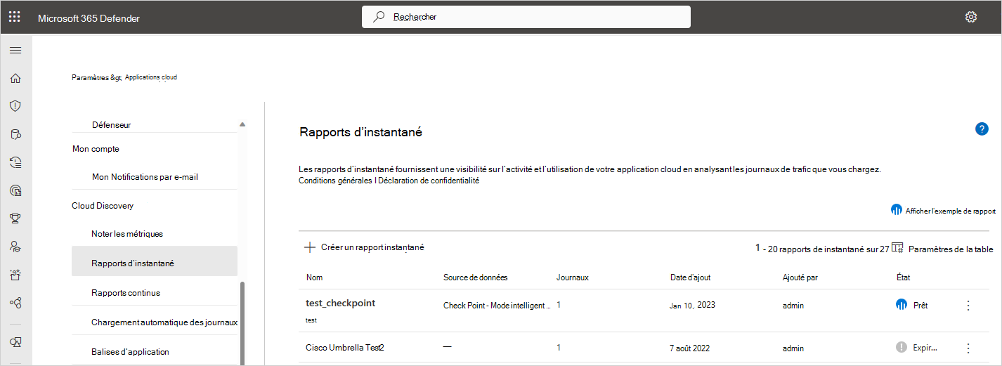 Capture d’écran d’une page rapports d’instantané.