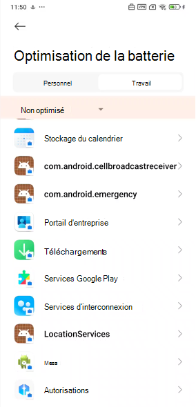 Image de l’écran Optimisation de la batterie