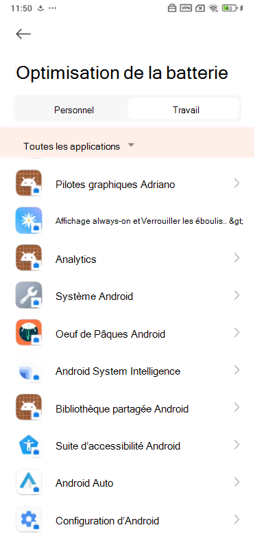 Image de l’option Toutes les applications dans la liste déroulante