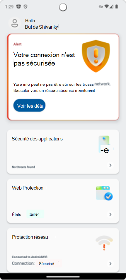 Capture d’écran montrant le tableau de bord de l’utilisateur dans l’application Microsoft Defender.