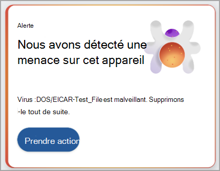 Capture d’écran montrant une recommandation pour prendre des mesures sur une menace détectée.