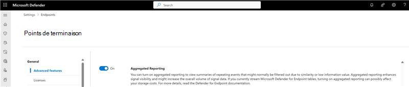 Capture d’écran du bouton bascule des rapports agrégés dans la page des paramètres du portail Microsoft Defender.