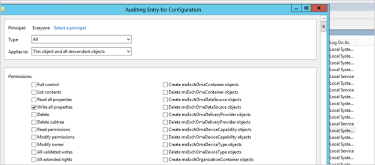 Capture d’écran des paramètres d’audit pour le conteneur de configuration.