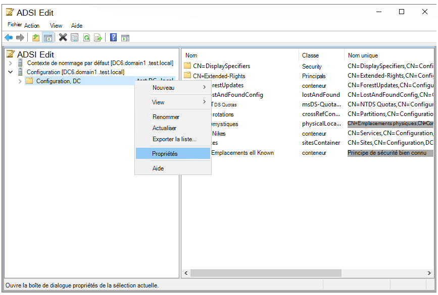 Capture d’écran des sélections pour l’ouverture des propriétés pour le nœud Configuration CN.