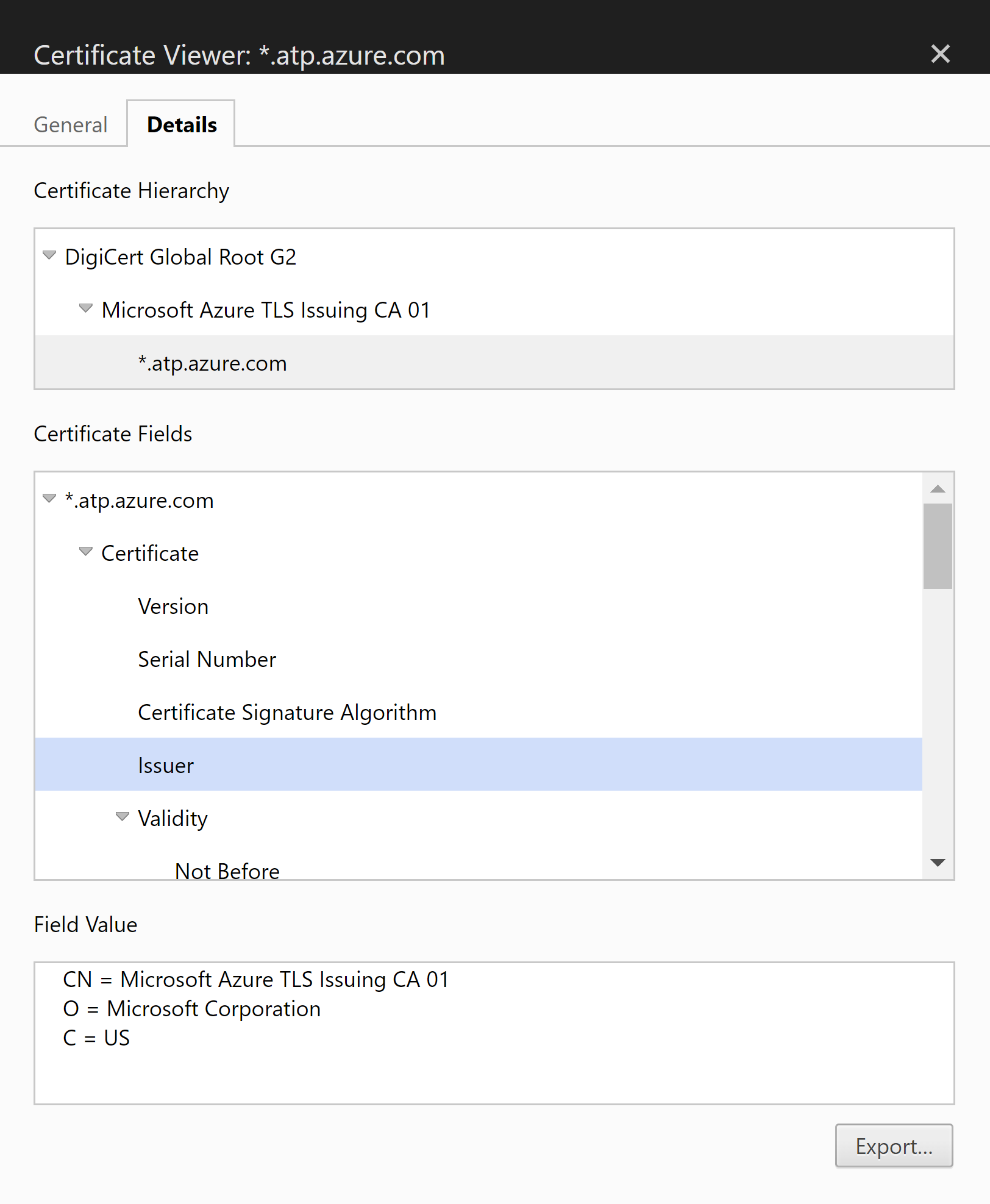 Capture d'écran du chemin d'accès au certificat requis.