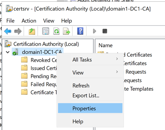 Capture d’écran de la boîte de dialogue Autorité de certification.