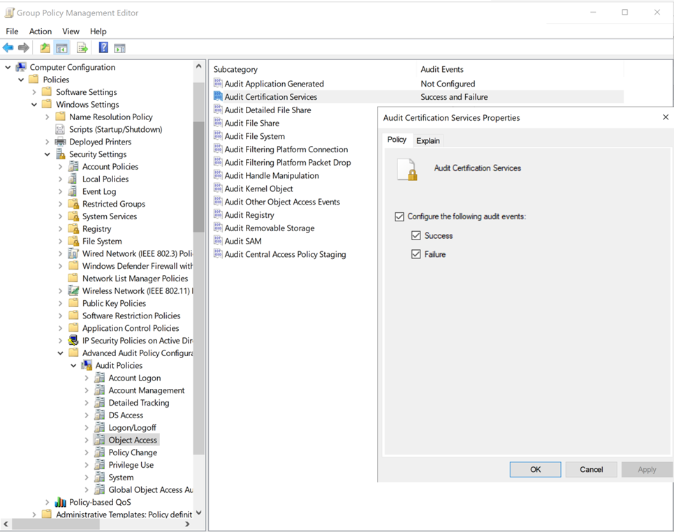 Capture d’écran de la configuration des événements d’audit pour les services de certificats Active Directory dans le Rédacteur stratégie de groupe Management.