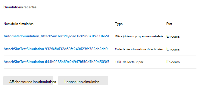 Les simulations récentes carte sous l’onglet Vue d’ensemble dans Exercice de simulation d’attaque du portail Microsoft Defender.