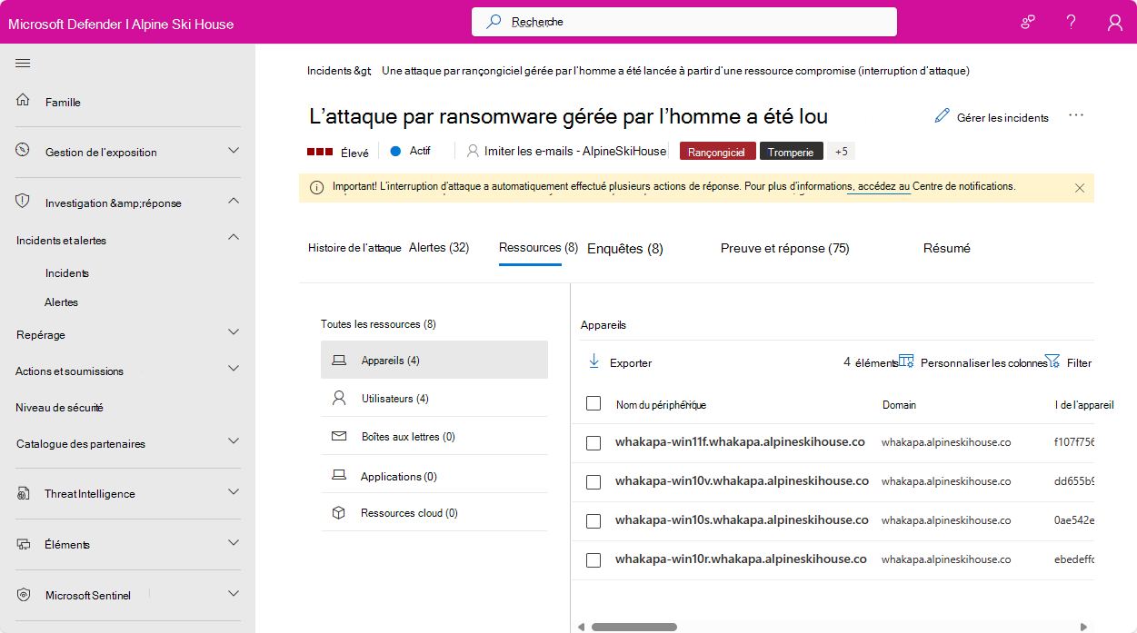 Capture d’écran de la page Utilisateurs d’un incident dans le portail Microsoft Defender.