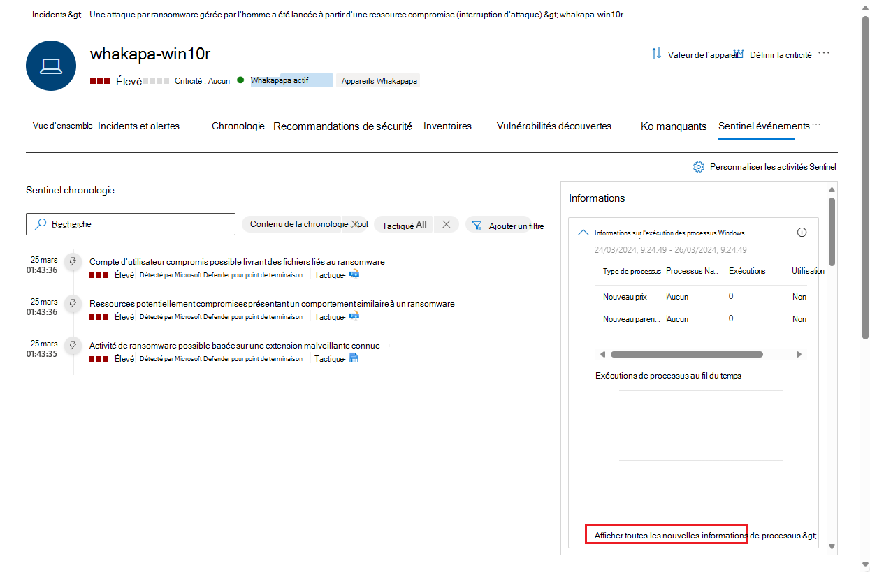 Capture d’écran de Sentinel onglet événements dans la page d’entité utilisateur.