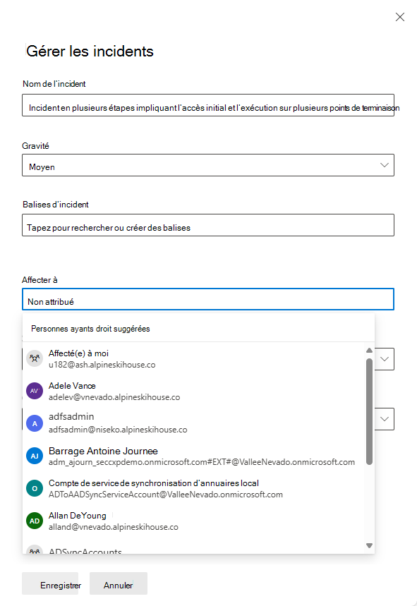 Capture d’écran montrant comment affecter un propriétaire dans le volet Gérer les incidents du portail Microsoft Defender.