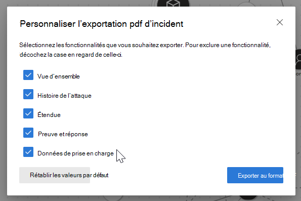 Capture d’écran mettant en évidence l’option d’exportation de l’incident au format PDF.