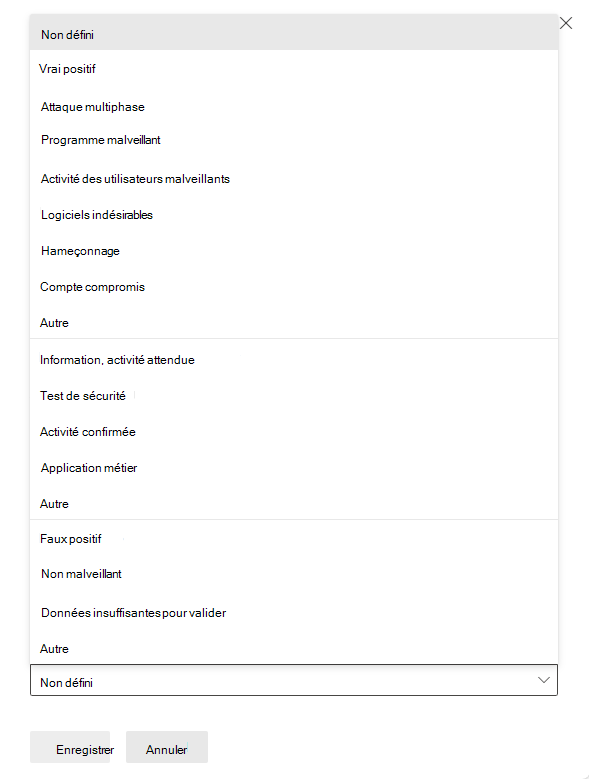 Capture d’écran montrant les options de classification pour les incidents.