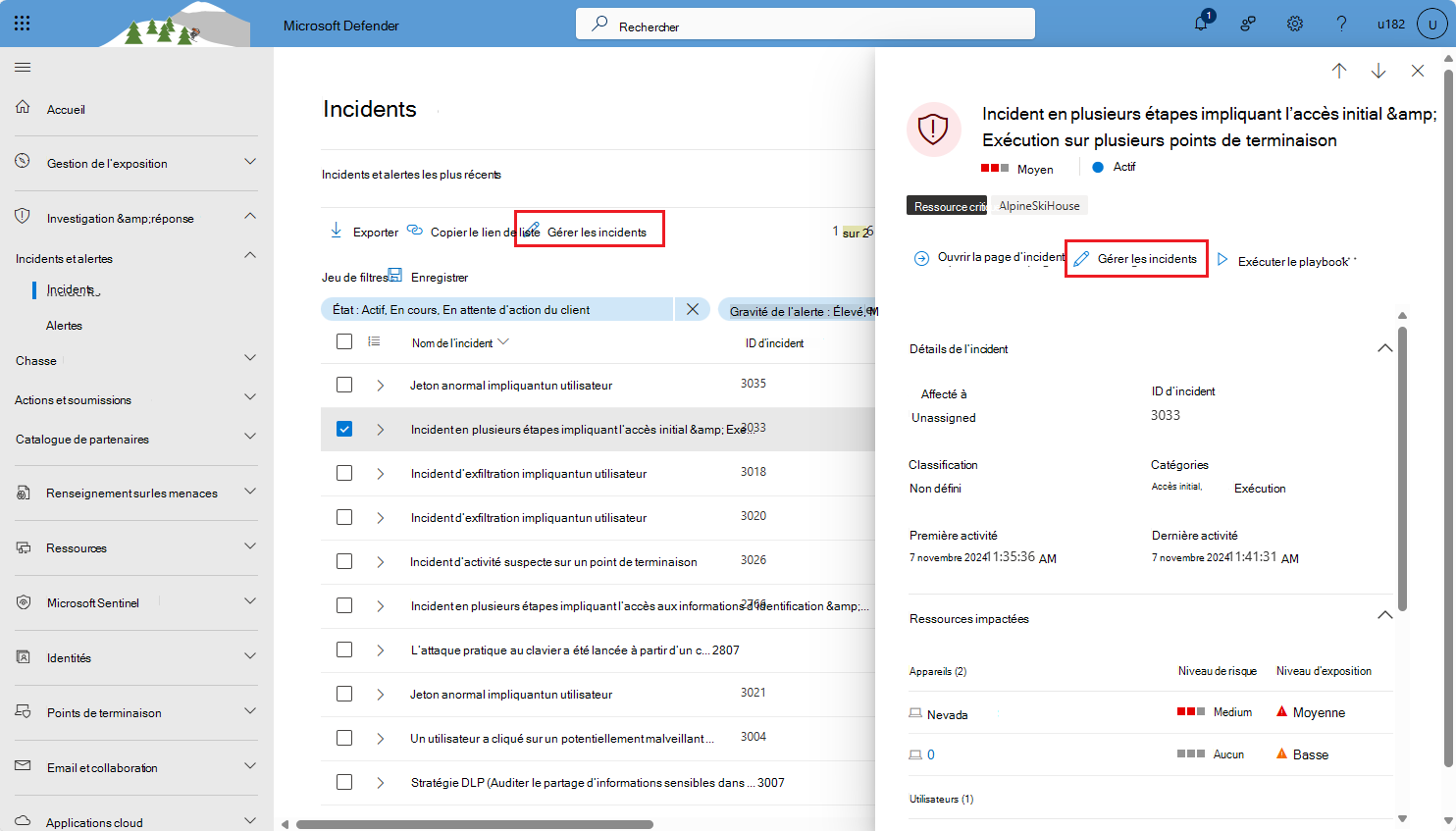 Capture d’écran montrant comment gérer les incidents à partir de la file d’attente d’incidents dans le portail Microsoft Defender.