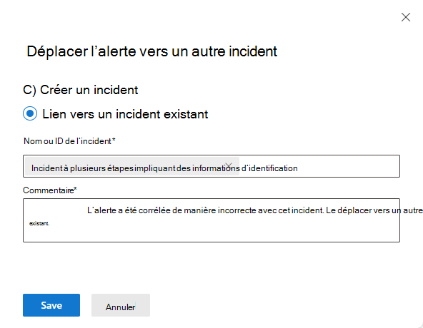 Capture d’écran de l’ajout d’un commentaire expliquant pourquoi déplacer une alerte.