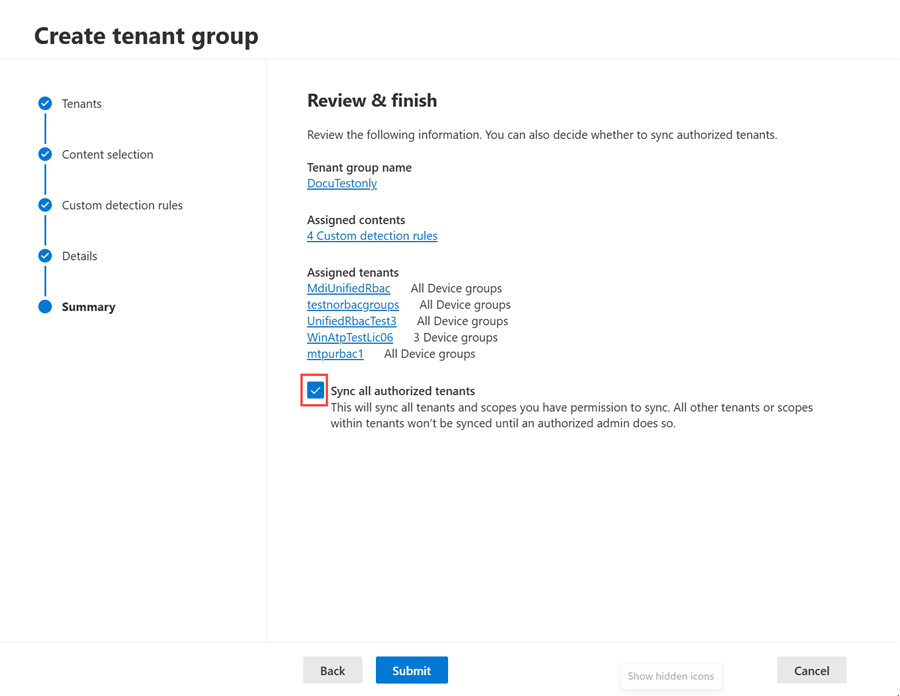 Capture d’écran du résumé des groupes de locataires avec la case à cocher mise en évidence.