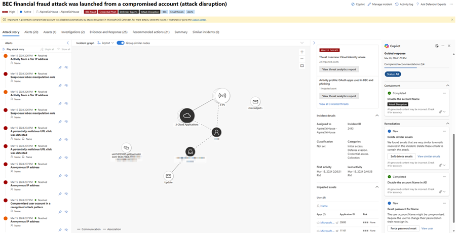 Capture d’écran mettant en évidence le volet Copilot avec les réponses guidées dans la page incident de Microsoft Defender.