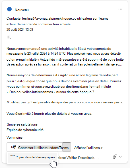 Capture d’écran montrant le texte suggéré pour la communication dans une réponse guidée carte.