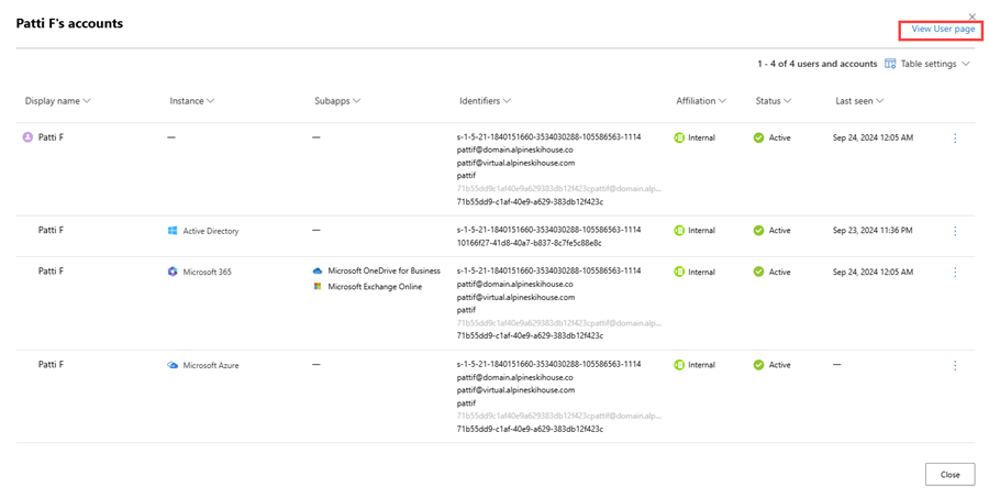 Capture d’écran mettant en évidence l’option Afficher la page utilisateur dans une recherche de nom d’utilisateur dans Identités.