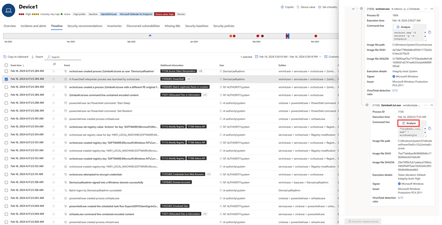 Capture d’écran montrant le bouton Analyser dans le chronologie de l’appareil.