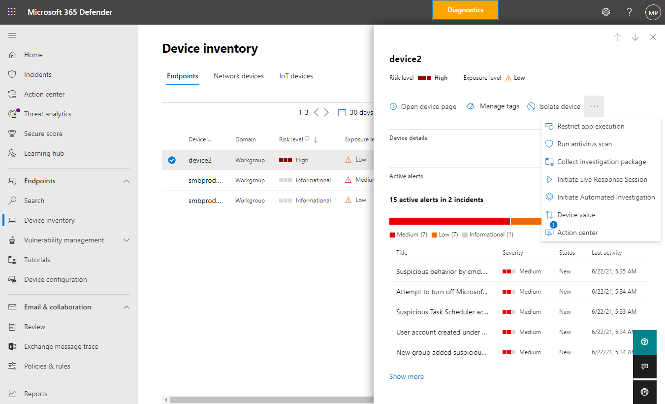 Capture d'écran des actions disponibles pour un appareil sélectionné