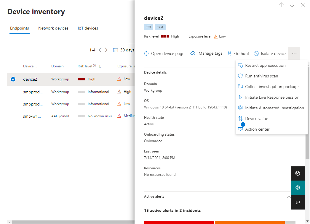 Capture d’écran d’un appareil sélectionné avec les détails et les actions disponibles.