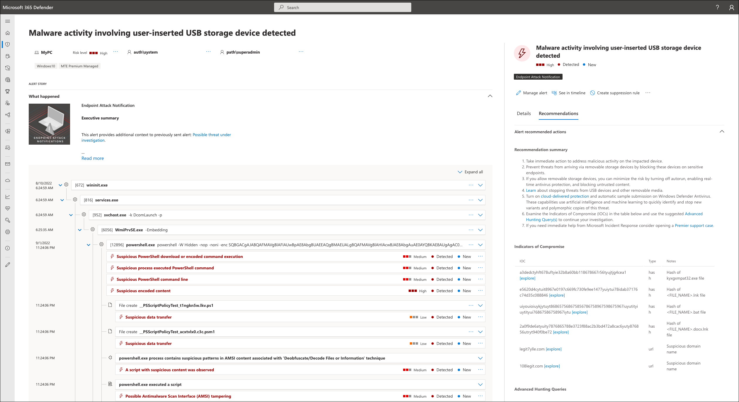 Capture d’écran de l’alerte Notifications d’attaque de point de terminaison