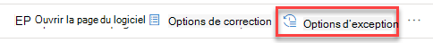 Affichage de l’emplacement du bouton « options d’exception » dans un menu volant de recommandation de sécurité.