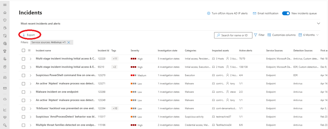 Bouton Exporter dans la page Incidents du portail Microsoft Defender