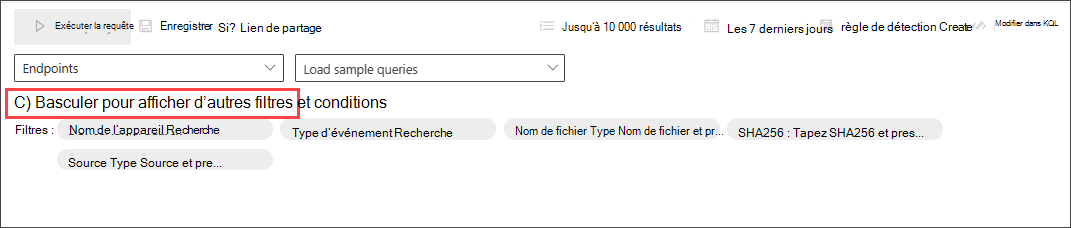 Capture d’écran du bouton bascule d’autres filtres du Générateur de requêtes en mode guidé