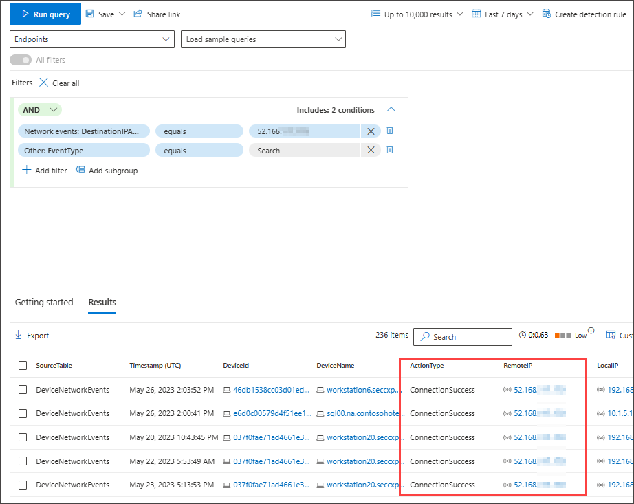 Capture d’écran de la recherche du générateur de requêtes en mode guidé pour les connexions réussies à l’affichage des résultats IP spécifiques