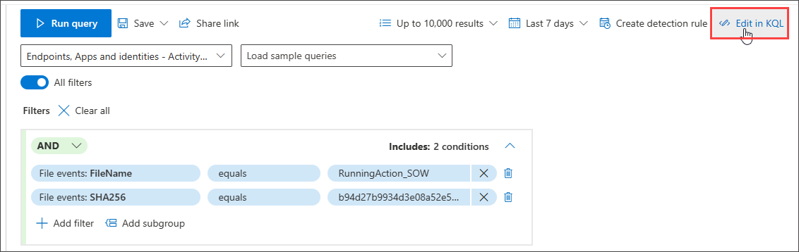 Capture d’écran mettant en évidence le bouton Modifier dans KQL