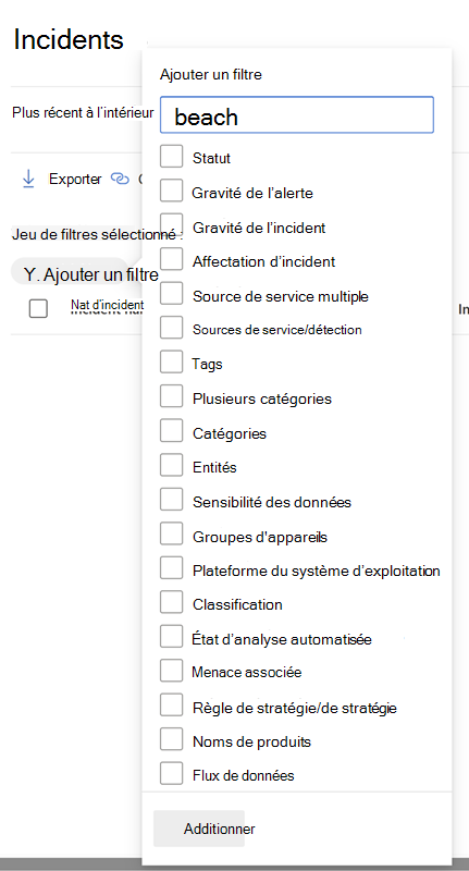 Volet Filtres de la file d’attente des incidents dans le portail Microsoft Defender.