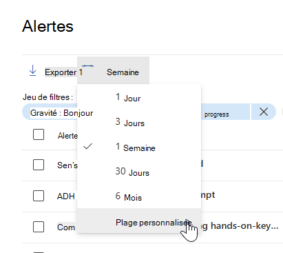 Mise en surbrillance de l’option de plage personnalisée dans le sélecteur de date et d’heure dans la file d’attente Alertes.