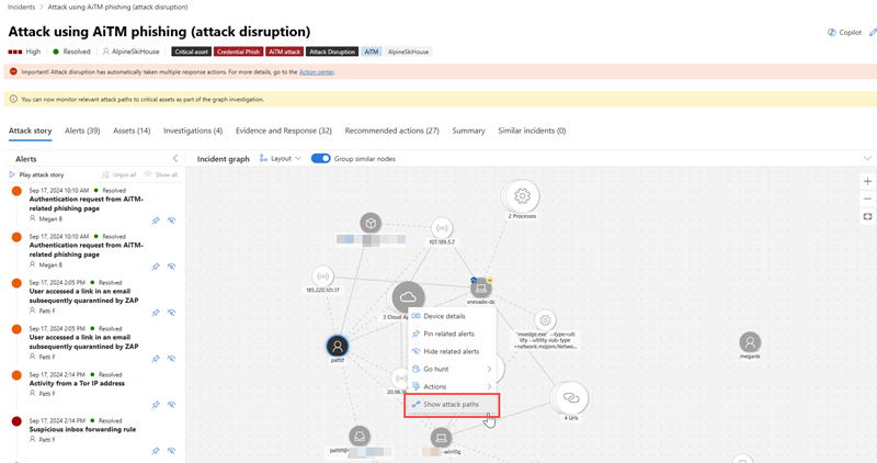 Mise en surbrillance de l’action Afficher les chemins d’attaque dans le graphique des incidents.