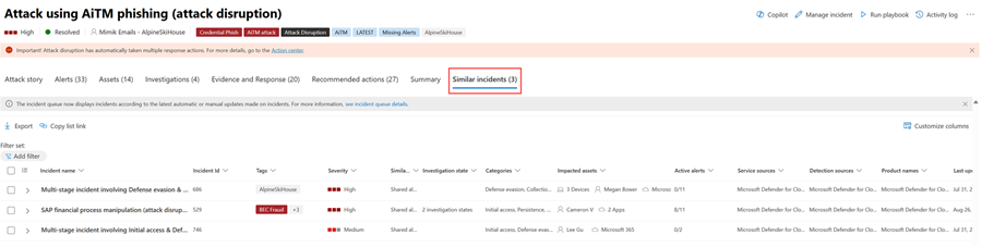 Capture d’écran montrant l’onglet Incidents similaires pour un incident dans le portail Microsoft Defender.