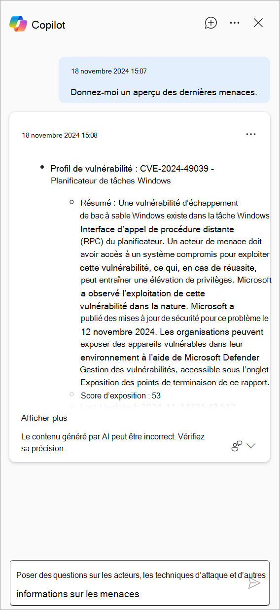 Capture d’écran montrant la réponse générée par Copilot dans Defender.