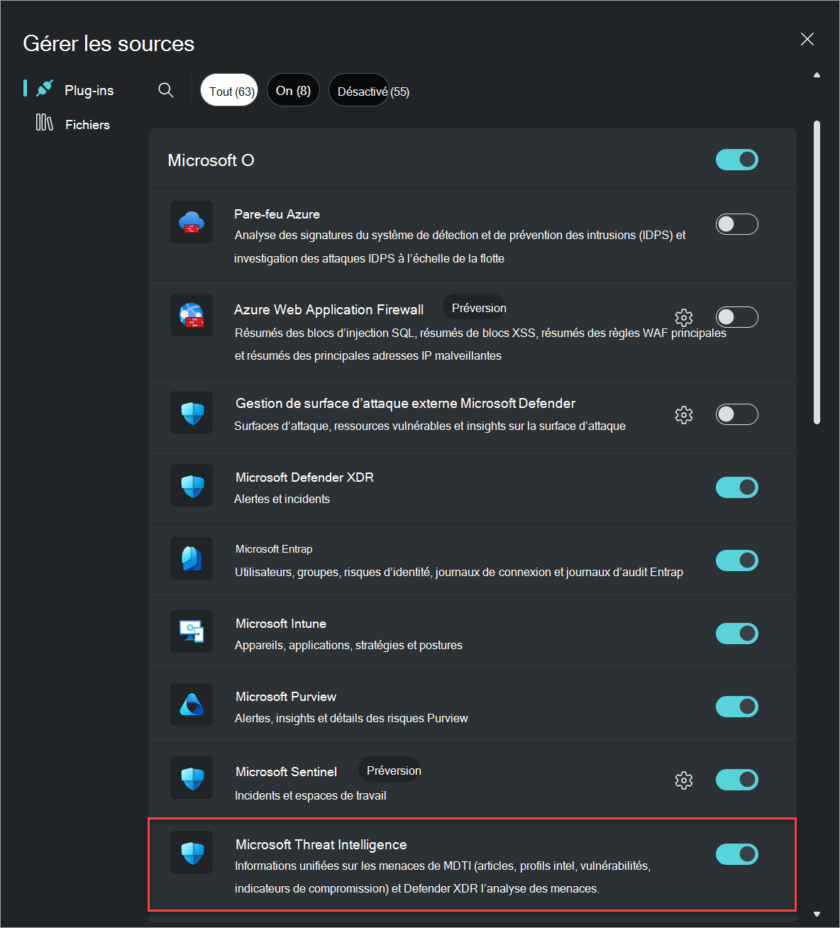 Capture d’écran de la fenêtre contextuelle Gérer les plug-ins avec le plug-in Microsoft Threat Intelligence mis en évidence.