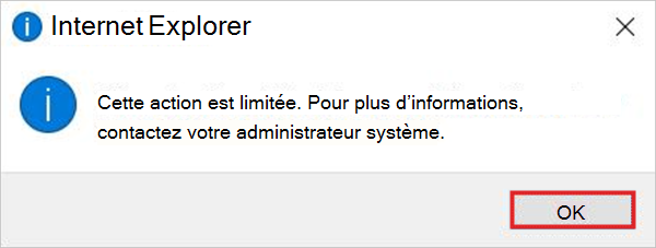 Alerte lors de la tentative d’ouverture d’IE après qu’une redirection vers Microsoft Edge est active.