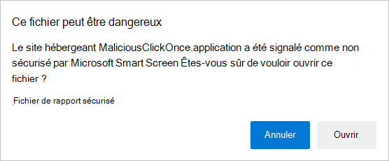 Invite d’ouverture d’un fichier dangereux