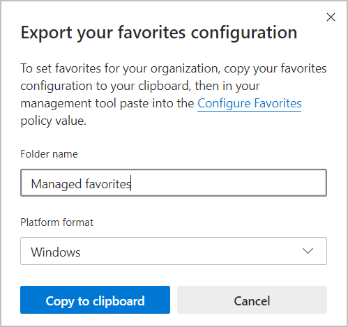 Boîte de dialogue pour exporter des favoris vers un dossier Windows.