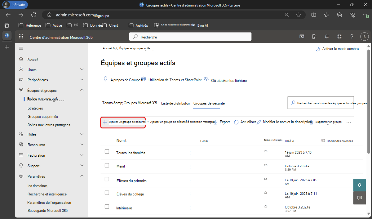 Ajoutez un groupe de sécurité sous Équipes actives & groupes.