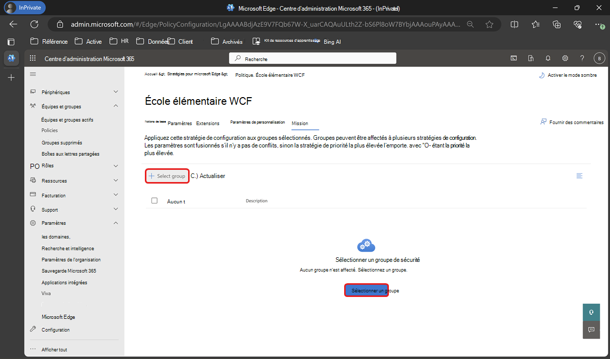 Sélectionnez Affectation sur la page de stratégie pour sélectionner un groupe.